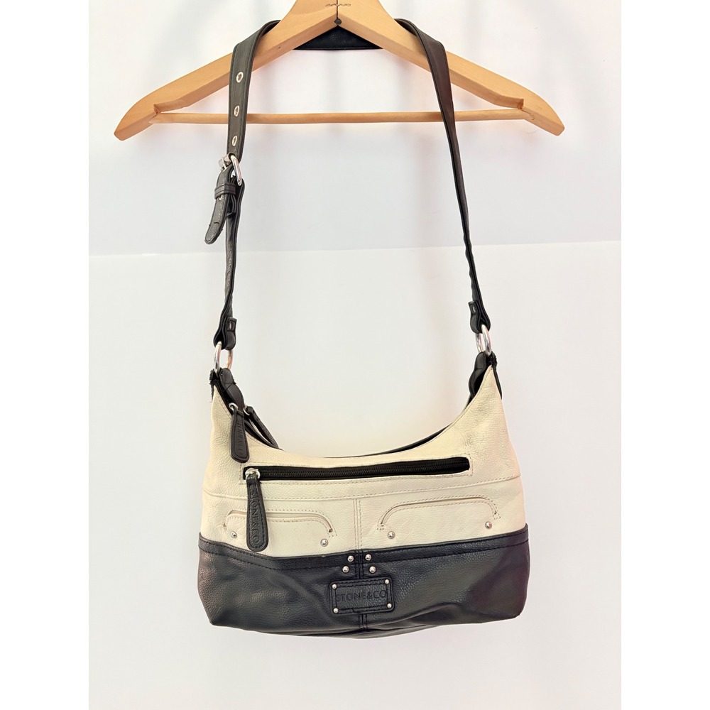 Stone & Co Shoulder Bag Women Cream Black Colorblock Faux Leather Studded Purse